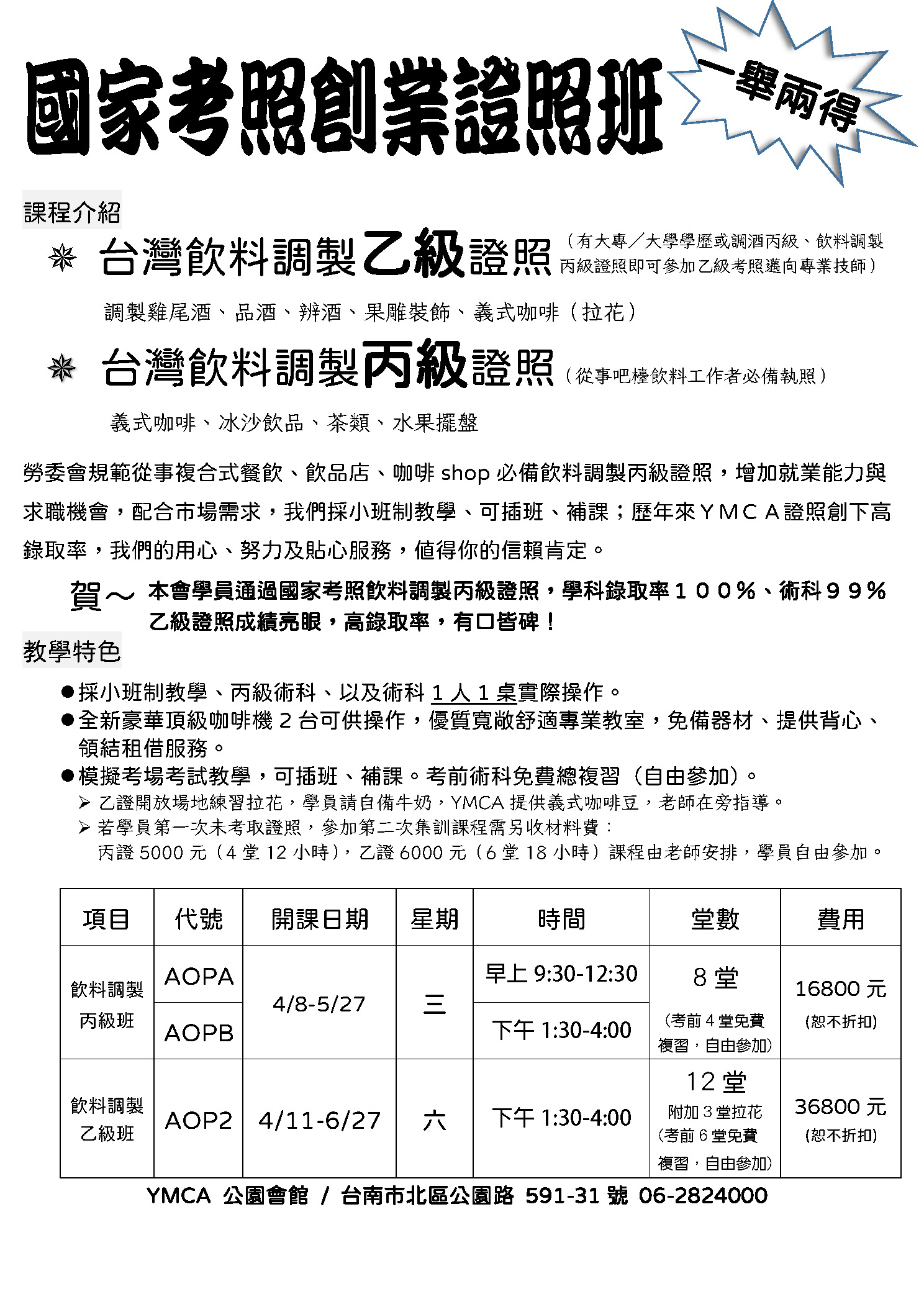 國家考照飲料調製乙、丙級證照每月開課~