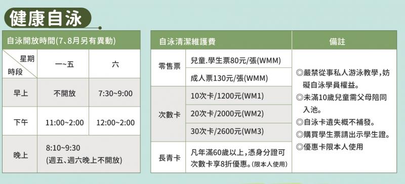 自泳開放時段(無須按報名鍵)